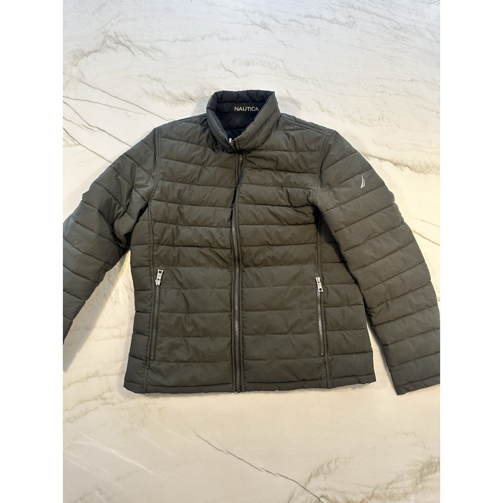 Nautica Reversible Quilted Puffer Jacket Black Olive Full Zip